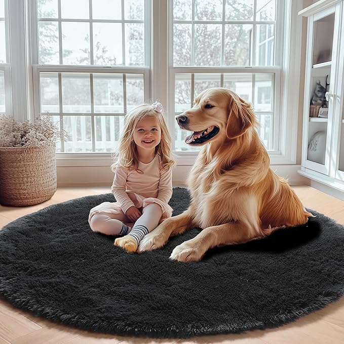 ONASAR Black Round Area Rugs 6ft, Ultra Soft Bedroom Circle Rug for Kids Girls Boys Teen Room, Fluffy Plush Shaggy Carpet Floor Mats for Baby Nursery Living Room Playroom Dorm Home Decor