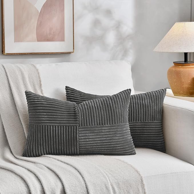 Fancy Homi 2 Packs Dark Gray Lumbar Decorative Throw Pillow Covers 14x22 Inch for Living Room Couch Bed Sofa, Farmhouse Home Decor, Soft Striped Corduroy Rectangle Accent Cushion Case 35x55 cm