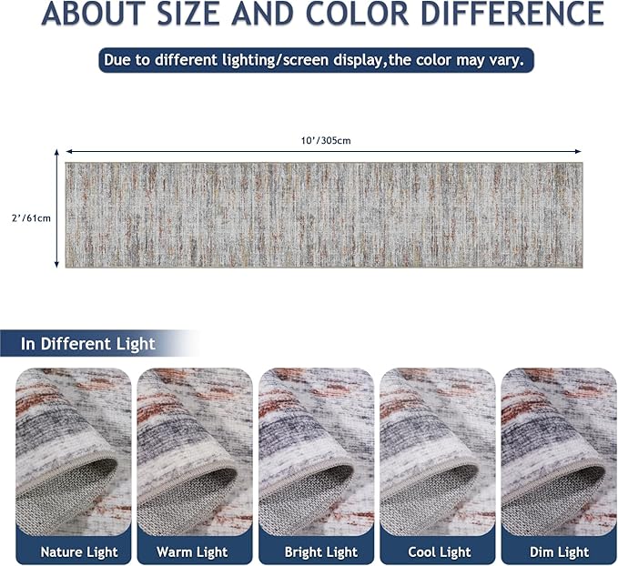 2x10 Runner Rug Non-Slip，Modern Abstract 10ft Washable Runner Rugs for Hallways, Ultra-Thin Long Kitchen Rug Runners,Stain Resistant Floor Carpet for Bedroom,Laundry Room,Entryway（Grey/Multi,2'x10'）