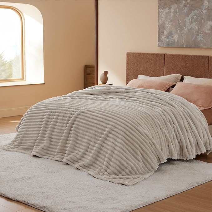 Bedsure GentleSoft Blankets Queen Size for Bed - Cozy Soft Blankets for Women, Cute Large Fleece Throws for Girls, Beige, 90x90 Inches