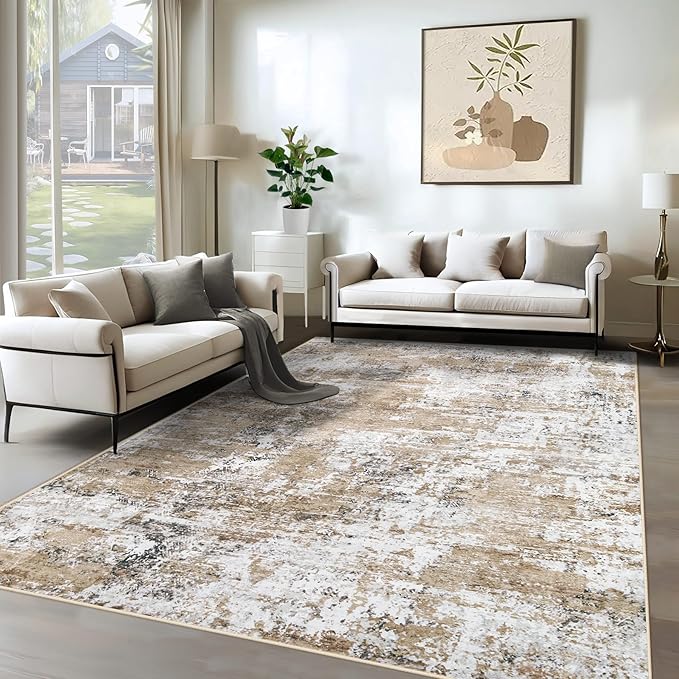 XLUEZ 6x9 Area Rugs for Living Room, Washable Modern Abstract Large Area Rug Neutral Soft Non Slip Kids Rug Stain Resistant Indoor Carpet for Bedroom Nursery Dining Room Playroom(Beige, 6'x9')