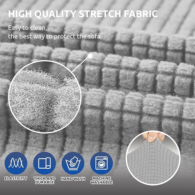 KEKUOU Stretch Sofa Cover Slipcover ，Couch Covers for 3 Cushion Couch Sofa pet Friendly (78"-94") Furniture Protector Sofa with Elastic Bottom for Kids,Dog, Jacquard Small Checked(Large,Silver)