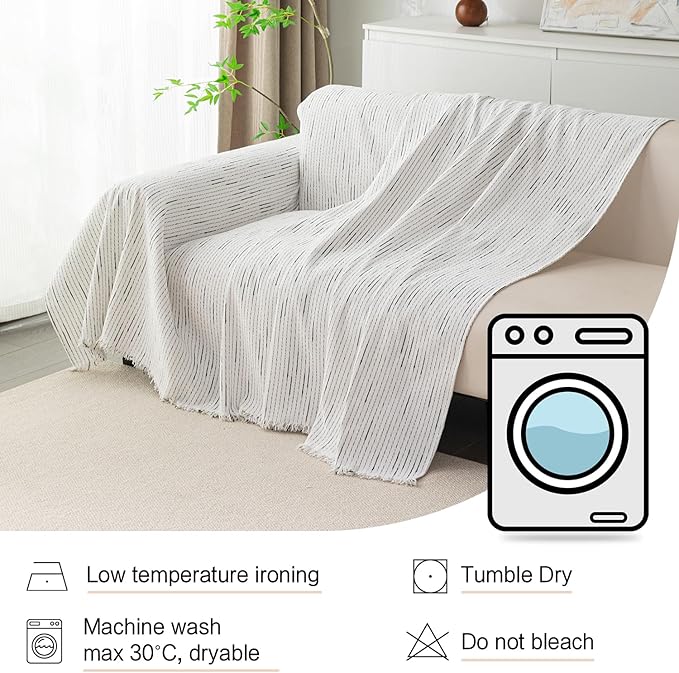 MYSKY HOME Boho Couch Cover White Sofa Covers with Tassel Farmhouse Sofa Slipcover Simple Couch Protector for Dogs Chenille Sectional Couch Covers L Shaped Couch Cushion Covers, 71"x 134"