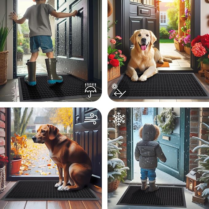 Smiry Front Door Mat Outside Entrance, Heavy Duty Natural Rubber Doormat, Non Slip, Trap Dirt and Moisture, Easy Clean, Low Profile Welcome Floor Mats for Indoor Outdoor Entry, 35x23 Inch, Black
