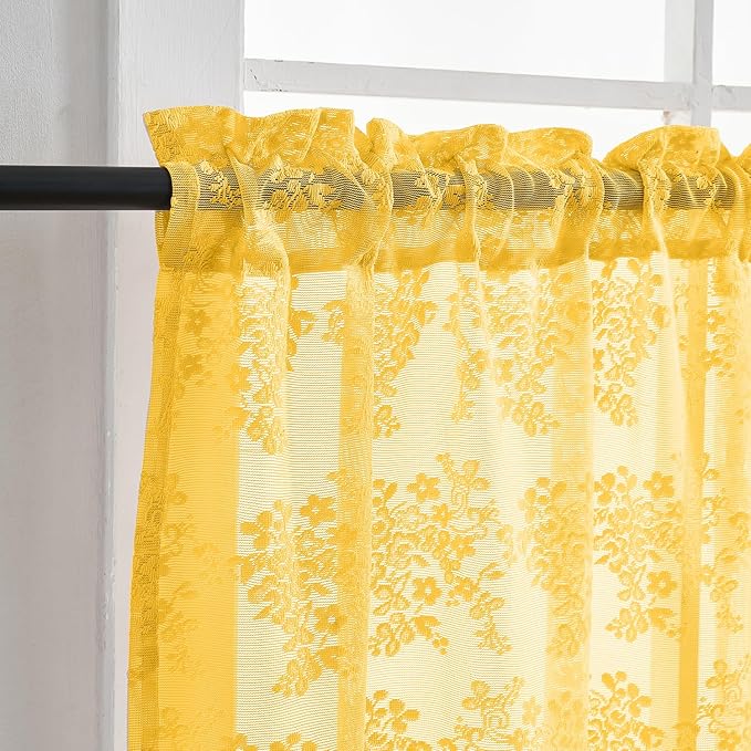 YJ YANJUN Vintage Lace Curtains 36 Inch Length- Victorian Floral 70s Mustard Yellow Short Kitchen Curtains for Bedroom Bathroom Small Window Coffee Cabinet Rod Pocket Gold 2 Panels W26 x L36 Inch