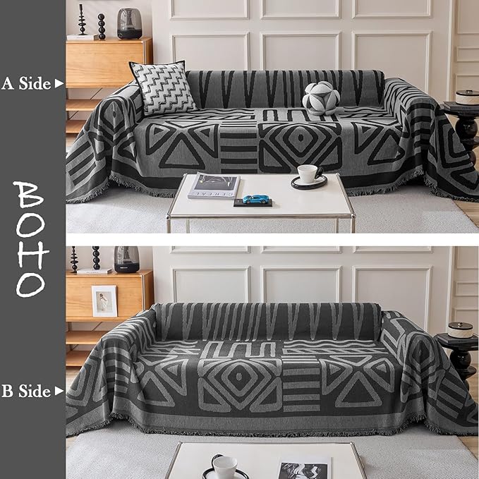HANDONTIME Boho Geometric Couch Covers for Sofa Pet Friendly Dark Grey and Black Sofa Covers Washable Chenille Couch Blanket Cover for 3 Cushion Couches Pet Protector Furniture Cover Soft, 71" X 134"