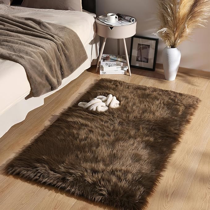 Ashler Faux Fur Rug - Fluffy Shaggy 2 x 3 Feet Rectangle Sheepskin Fur, Dark Coffee Fuzzy Machine Washable Shag, Nursery Decor Throw for Bedroom, Living Room