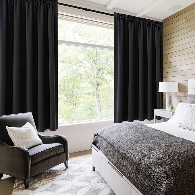 DWCN Short Black Blackout Curtains for Half Window - Room Darkening Thermal Insulated Kitchen and Bedroom Curtains 60x36 inches Long, Set of 2 Window Curtain Panels