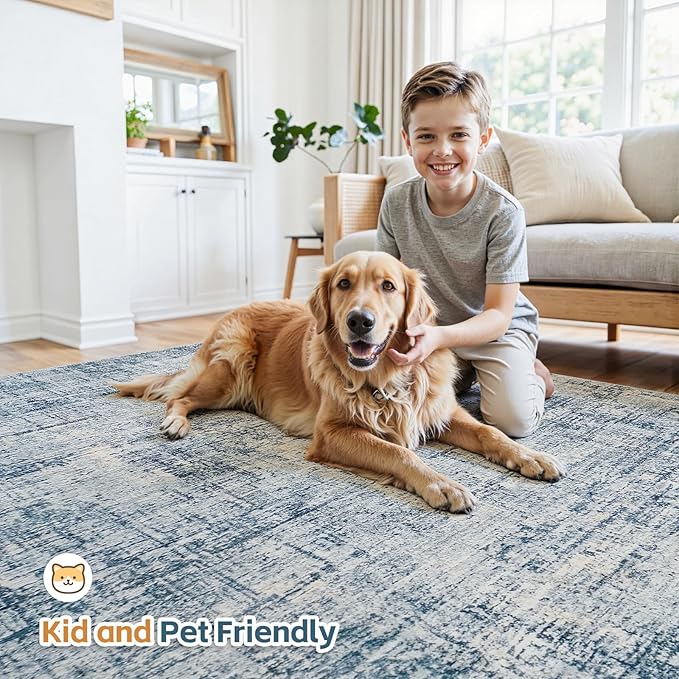 6x9 Area Rugs for Living Room Washable Rug: Anti-Skid Abstract Modern Living Room Rug Soft Thin Carpets Indoor Floor Non-Shedding Carpet for Bedroom Dining Farmhouse Nursery Home Office Blue Gold