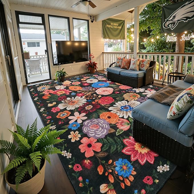 Black/Brown Area Rugs 10x14 Living Room, Non Slip Machine Washable Floral Rugs, Low Pile Lightweight Large Rug for Bedroom, Dining Room, Home Office(10 x 14, Black/Brown)