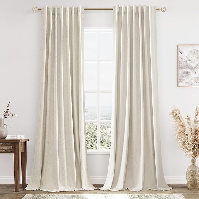Guken 100% Blackout Linen Curtains 132 Inch Length 2 Panels Set for Living Room Bedroom Back Tab Thermal Insulated Black Out Drapes Room Darkening Farmhouse Style for Bedroom Window Curtains 52x132