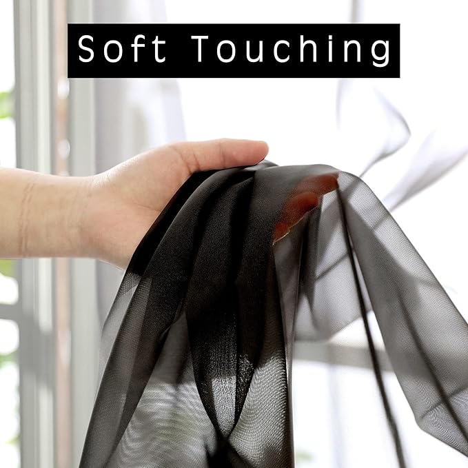 OVZME 2 Panels Black Valance - Short Fresh Curtain Valances for Windows Basement, Semi Sheer Valances for Kitchen Window, Dual Rod Pocket (Black, 42 by 14 Inches Long)