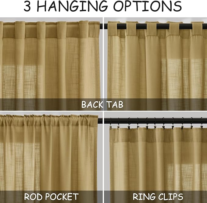 Nanspring Gold Linen Curtains 108 Inches Long for Living Room Bedroom 2 Panels Set Extra Long Back Tab Curtain Light Filtering Sheer Drapes Floor to Ceiling Curtain for Large Windows 52x108