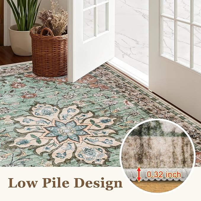 4x6 Area Rugs for Living Room: Washable Rug Soft Vintage Distressed Floral Carpet Indoor Floor Non-Slip Stain Resistant Large Carpets for Bedroom Dining Room Farmhouse Nursery Home Office Brown Green