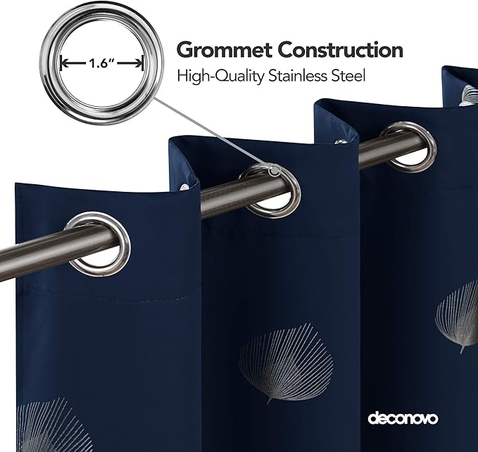 Deconovo Thermal Insulated Palm Fan Foil Print Curtain Room Darkening Grommet Blackout Curtains for Living Room 42 x 84 Inch Navy Blue 2 Panels