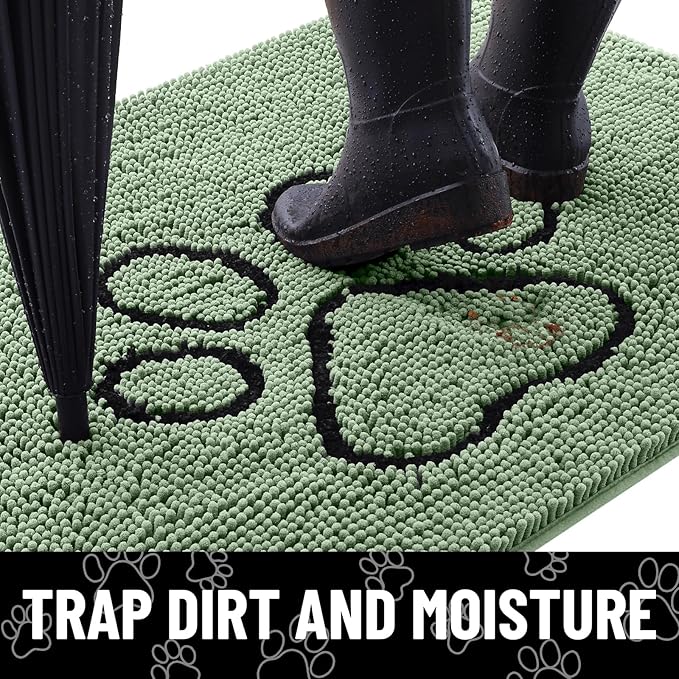 Smiry Dog Door Mat for Muddy Paws, Absorbent Dirt Trapper Non Slip Quick Dry Washable Chenille Mat for Mud Dogs, Entry Rug for Indoor and Outdoor (30x20 Inches, Olive Green and Black)