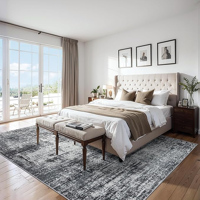 Area Rugs Living Room Rug - 4x6 Washable Modern Abstract Soft Neutral Non-Slip Carpet Large Indoor Floor Thin Carpets for Bedroom Dining Room Farmhouse Nursery Home Office Dark Black