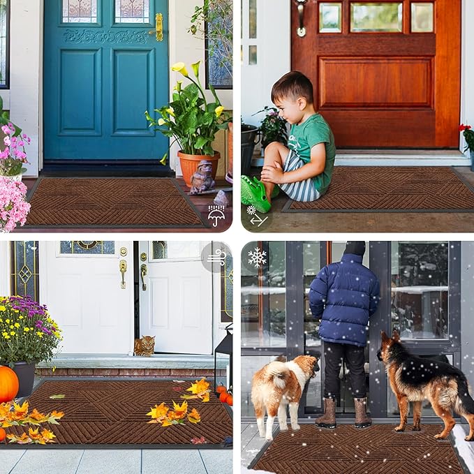 Smiry Front Door Mat Outside Entrance, Heavy Duty Sturdy Natural Rubber Doormat, Trap Dirt and Moisture, Easy Clean Low Profile Mats for Indoor Outdoor Entry, Irregular Triangle (29.5x17, Deep Coffee)