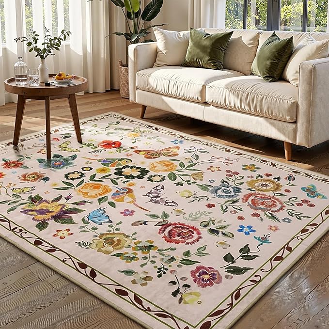 Rugflix 5x7 Washable Area Rug for Living Room, Soft Non Slip Low Pile Carpet, Floral Vintage Stain Resistant Rugs for Bedroom, Dining Room, Home Office, Beige
