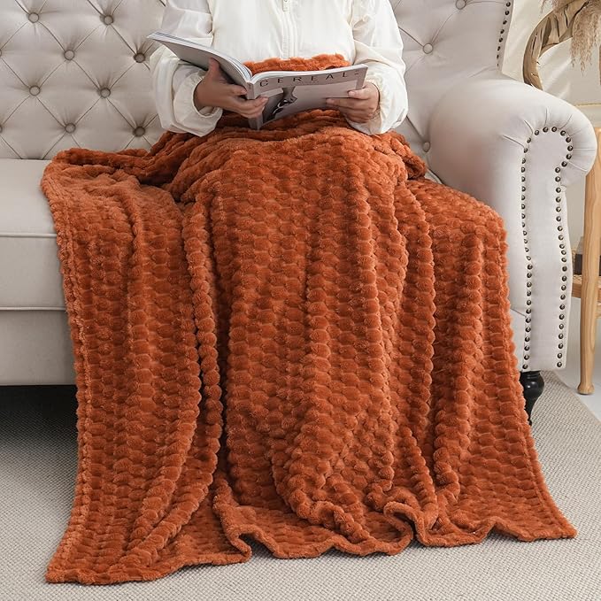 Puncuntex Burnt Orange Throw Blanket 108"×90" inches Fuzzy 3D Jacquard Decorative Flannel Fleece Super Soft Plush Cozy Blanket for Couch Sofa Chair Lightweight