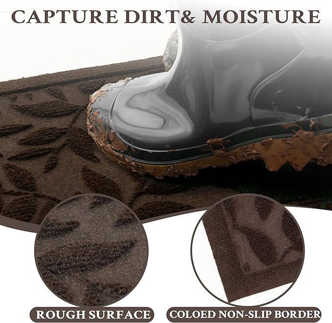 Coffee Brown Leaves Outdoor Indoor Entrance Door mat, Absorbent Durable Heavy Duty Welcome Front Door Mat,Thick Natural Rubber Back,Easy Clean Entryway Mat 47x32 Inch, Low Profile