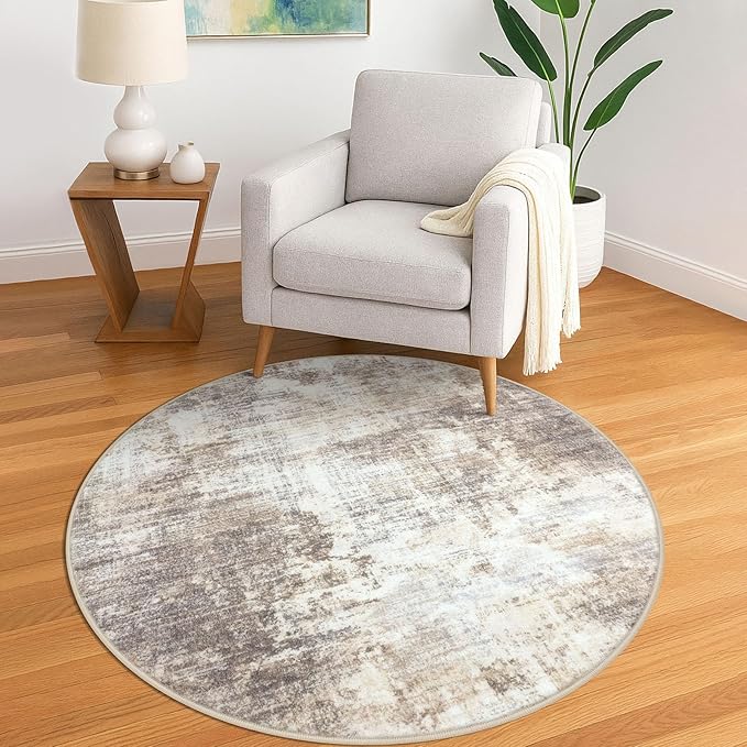 IOHOUZE Round Area Rug 5 Ft Circle Entryway Rugs Round Washable Door Mat Indoor Entrance, Non Slip Circle Front Door Rug, Printed Abstract Faux Wool Floor Carpet for Foyer Porch Sink, Beige Brown