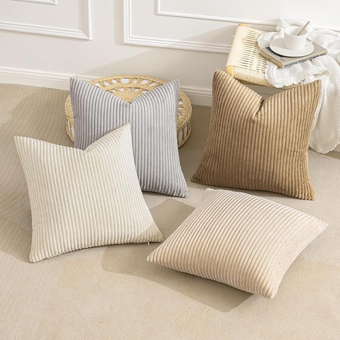 MIULEE Boho Farmhouse Throw Pillow Covers 18x18 Inch Set of 4 Neutral Rustic Decorative Cushion Covers Soft Corduroy Nordic Home Decor for Couch Bed Sofa Living Room