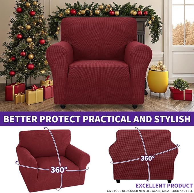 ZNSAYOTX Super Stretch Chair Slipcover Universal Sofa Chair Covers for Living Room Dogs Pet Furniture Protector Spandex Armchair Slipcovers with Anti Slip Foam Sticks (Wine Red, Chair)
