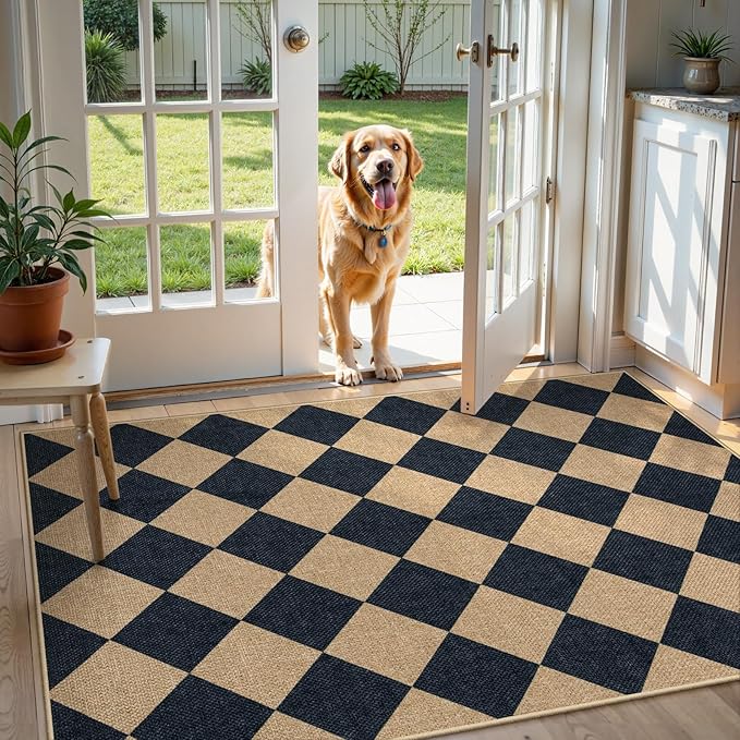 Lahome Colette Checkered Easy Jute 3x5 Outdoor Patio Rug, Washable Rugs for Entryway Diamond Indoor Outdoor Living Room Carpet, Farmhouse Neutral Non Slip Black Door Carpet for Backyard Bedroom