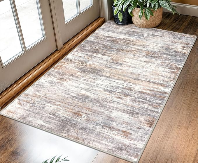 KOZYFLY Abstract Modern 3x5 Ft Area Rug in Multi Grey/Orange - Non-Slip and Machine Washable Indoor Rug, Versatile for Entryway, Kitchen, Living Room, Bedroom, Laundry Door Mat