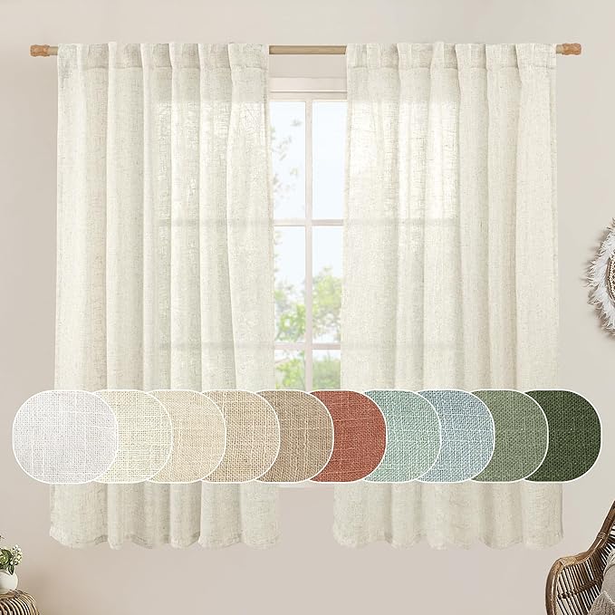 LAMIT Natural Semi Sheer Linen Curtains 60 Inch, Light Filtering Neutral Window Panels Farmhouse Boho Back Tab and Rod Pocket Drapes for Bedroom, Cream Ivory, 2 Panels, 52 x 60 Inch
