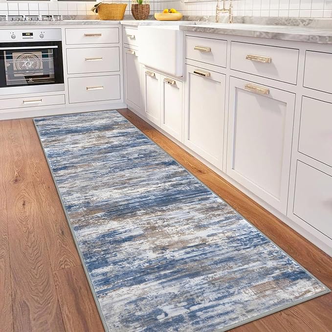 KOZYFLY 3x8 Ft Rug Modern Ombre Runner Rug for Hallway, Washable Kitchen Rugs Non-Slip Soft Striped Entryway Rug, Print Blue Rust Abstract Carpet for Laundry Nursery