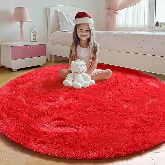 ONASAR Red Round Area Rug 4ft, Soft Bedroom Circle Rugs Floor Mat for Kids Girls Teen Room, Kawaii Fluffy Plush Shaggy Carpet for Nursery Living Room Playroom Christmas Home Decor Princess Castle