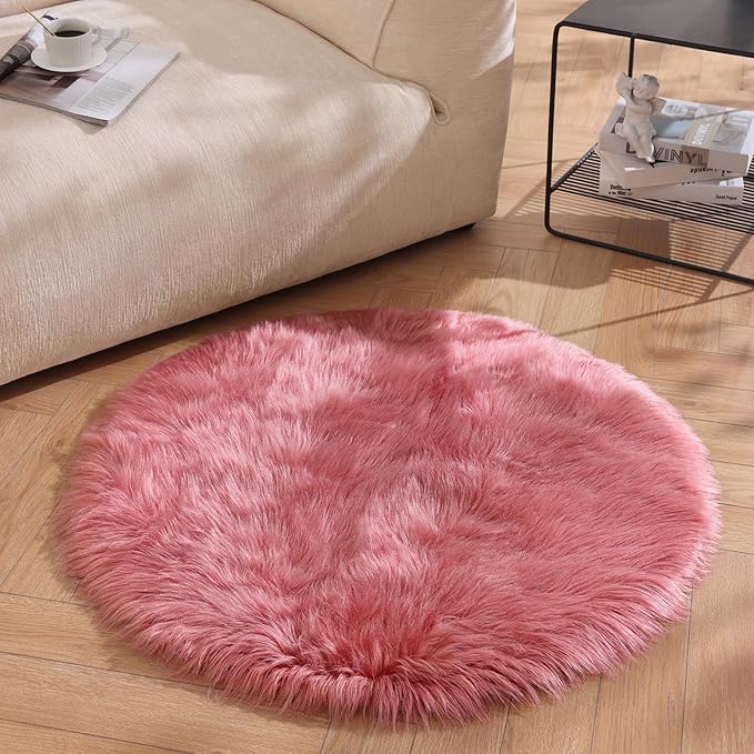 Ashler Faux Fur Rug, Fluffy Shaggy Area Rug, Ultra Soft 3 x 3 Feet Sheepskin Fur, Blush Pink Fuzzy Machine Washable Shag, Nursery Decor Throw for Bedroom, Living Room, Kids Room