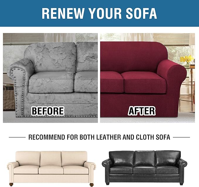 H.VERSAILTEX 4 Piece Stretch Sofa Covers for 3 Cushion Couch Covers for Living Room Furniture Slipcovers (Base Cover Plus 3 Seat Cushion Covers) Upgraded Thicker Jacquard Fabric (Sofa, Burgundy)