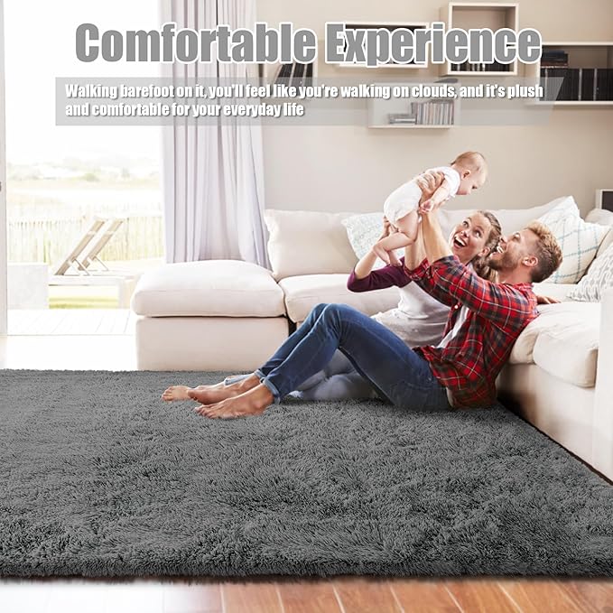 Ultra Soft Fluffy Area Rugs for Bedroom Living Room 10x12, Nursery Rug, Non-Slip Carpet for Kids Dorms Decor, Shaggy Bedside Rug, Deep Grey