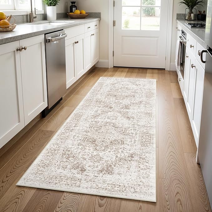 3x8 Washable Hallway Runner Rug - Non Slip Kitchen Runner Rugs with Rubber Backing Vintage Low-Pile Carpet Runners for Entryway Dining Room Laundry Room Home Decor (Cream/Camel)