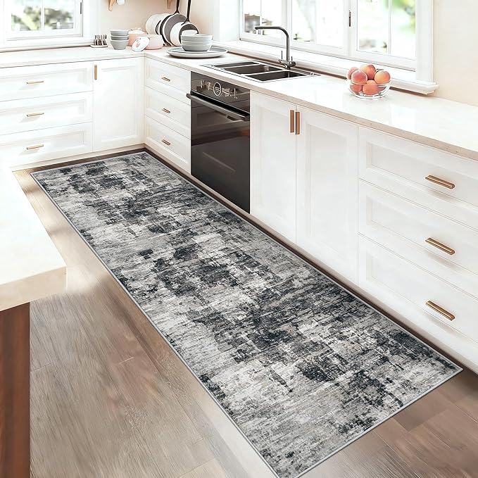 2x7 Runner Rug for Hallway, Washable Modern Abstract Runner Rugs Neutral Soft Non Slip Kids Rug Stain Resistant Indoor Runners for Entryway Bedroom Kitchen Laundry Room(BlackGrey, 2'x7')