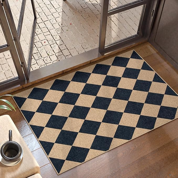 Lahome Colette Checkered Easy Jute Kitchen Rug, 2x3 Front Door Mat Non Slip Washable Neutral Area Rug, Farmhouse Diamond Non Shedding Low Pile Floor Carpet for Entryway Porch Doorway