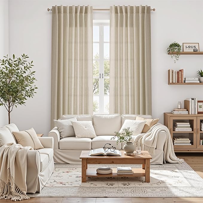 Eggshell Beige Linen Curtains 132 Inch Length for Living Room Light Filtering Semi Sheer Curtain Back Tab Rustic Farmhouse Decor Drapes Floor to Ceiling High Window for Bedroom 52x132, 2 Panels