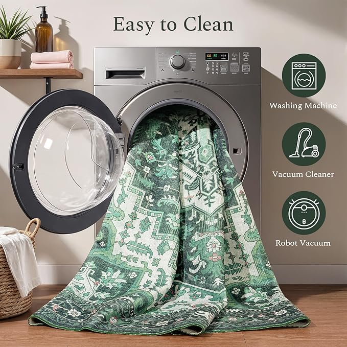 Rugflix 9x12 Area Rugs for Living Room, Machine Washable Rug Non Slip Stain Resistance, Large Rug Vintage Distressed Soft Carpet for Bedroom, Dining Room, Home Office, Green