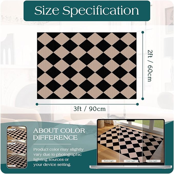 Front Door Mat Outside Entrance - 2x3 Black Tan Non-Slip Washable Doormat Indoor Outdoor Mat Entry Rug Geometric Diamond Small Throw Rugs for Entryway Kitchen Front Porch Decor