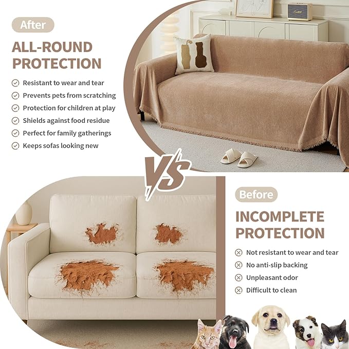 Couch Cover for Dogs, Boho Sofa Covers for 3 Cushion Couch, Chenille Sofa Slipcover for Pets Washable, L-Shape Sectional Couch Loveseat Cover Soft Throw Blankets with Tassels(71x118,Khaki)