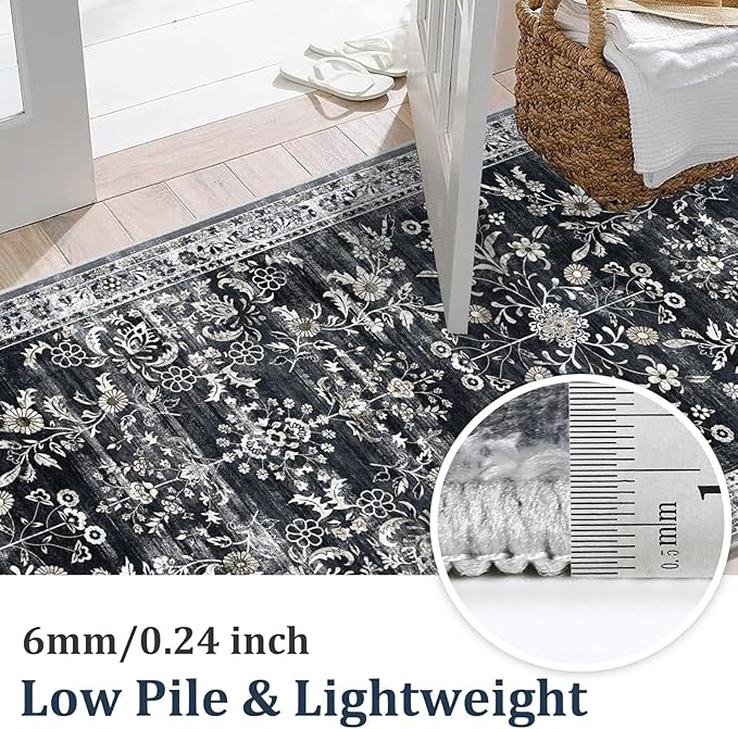Yamaziot Washable Runner Rug 2x10 – Non Slip Boho Floral Hallway Runner Rug with Rubber Backing, Low Pile Faux Wool Distressed Carpet for Kitchen, Laundry, Bedroom, Entrance, Navy/Black