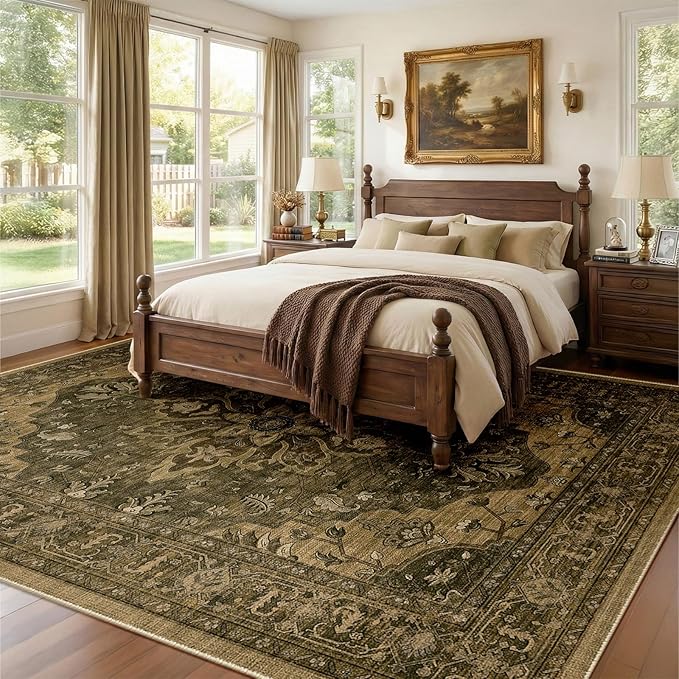Area Rugs 9'x12' Washable Non-Slip, Floral Vintage Distress Print Pattern Medallion Carpet for Living Room Bedroom Dining Room, Brown Dark Brown