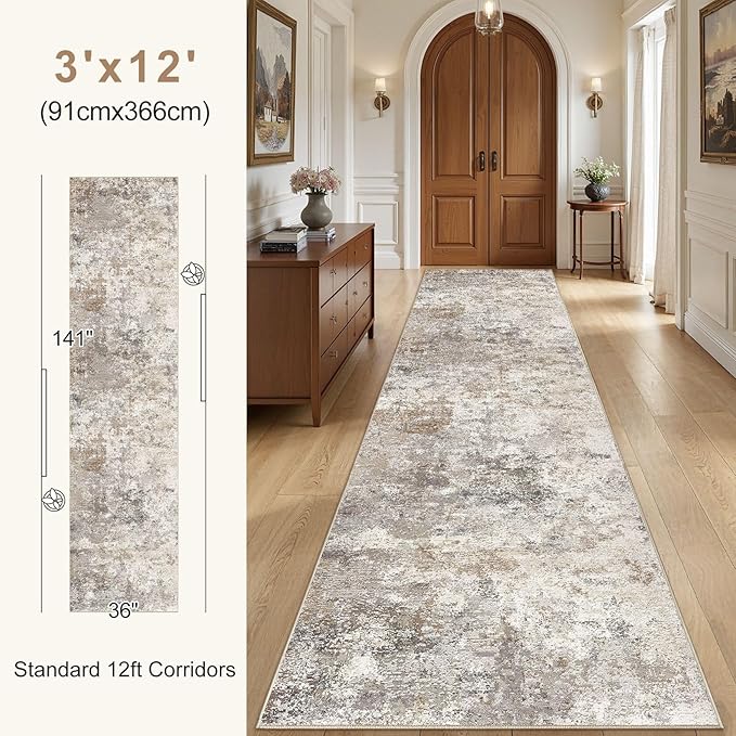 UERMEI 3X12 Washable Runner Rug for Hallway: Soft Neutral Modern Abstract Area Rug - Non-Slip Low Pile Long Throw Indoor Carpet for Kitchen Entryway Kitchen Bedroom Laundry- Brown Grey