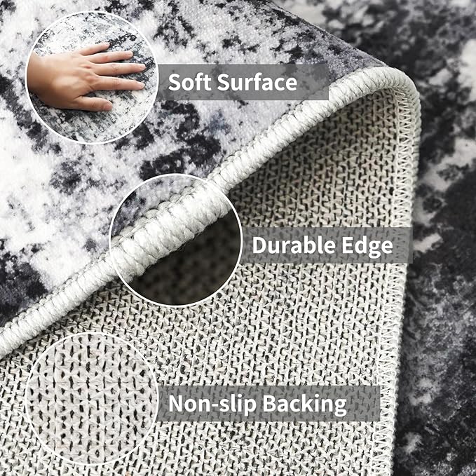 2x3 Small Washable Area Rug: Non-Slip Indoor Door Mat for Entrance Doorway Kitchen Bedroom Living Room - Abstract Farmhouse Throw Rug for Modern Home Decor Black Grey