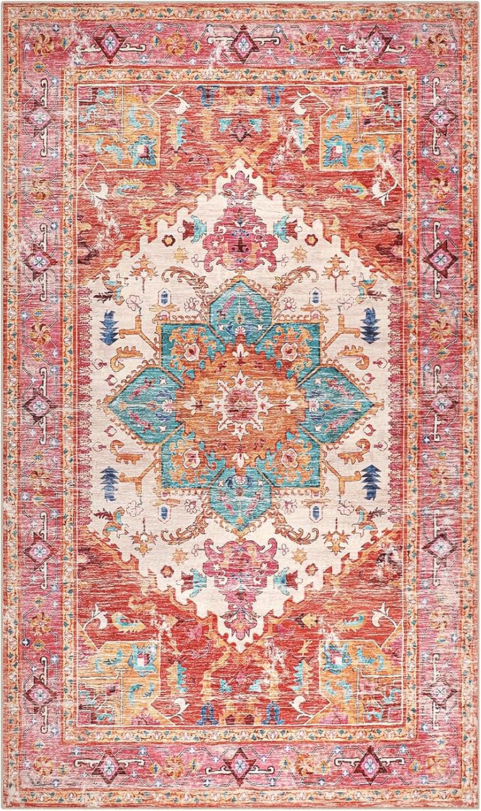 Yamaziot Washable Area Rug for Bedroom, 3x5 Non-Slip Boho Vintage Living Room Rug with Rubber Backing, Low Pile Faux Wool Soft Distressed Rug Floor Carpet for Living Room, Laundry, Kid Playroom