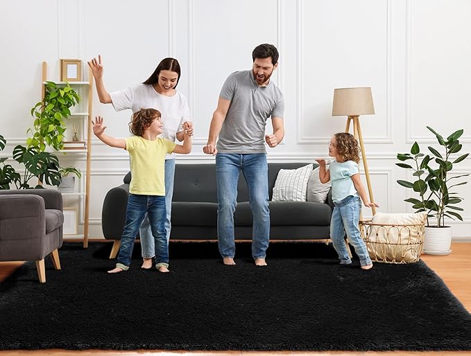 ONASAR Black Area Rugs 9x12 Living Room, Large Fluffy Shag Bedroom Rug, Soft Plush Thick Shaggy Big Floor Carpet for Kids Boy and Girls Teen Dorm Nursery Indoor Home Decor Aesthetic