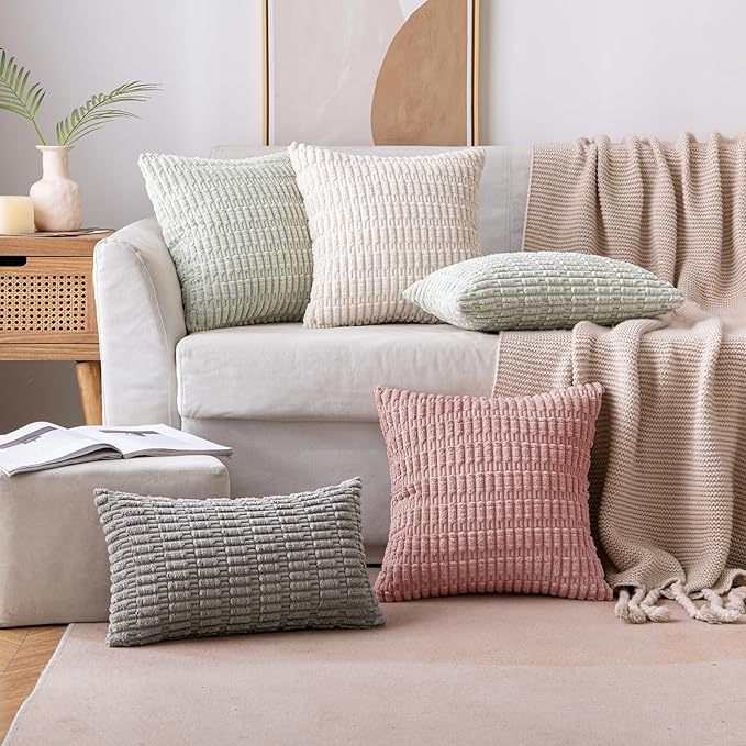MIULEE Pack of 2 Corduroy Decorative Lumbar Throw Pillow Covers 20x12 Inch Soft Boho Striped Pillow Covers Modern Farmhouse Home Decor for Sofa Living Room Couch Bed Blush Pink Spring Valentine Decor